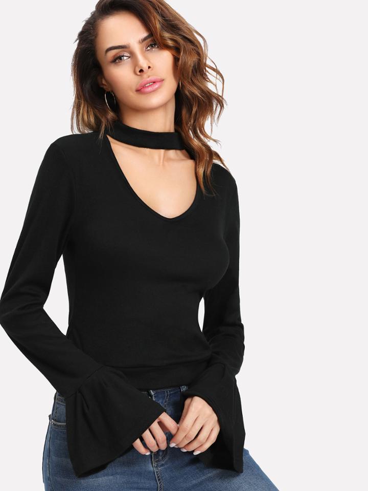 Romwe Flounce Sleeve Choker Tee
