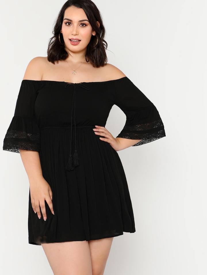 Romwe Tasseled Tie Lace Detail Bardot Dress