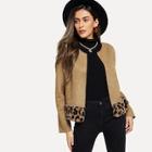 Romwe Contrast Leopard Faux Fur Open Front Coat