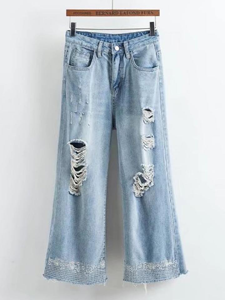 Romwe Embroidery Ripped Wide Leg Jeans