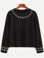 Romwe Black Embroidery Trim T-shirt
