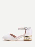 Romwe White Point Toe Ankle Strap Satin Chunky Heeled Shoes
