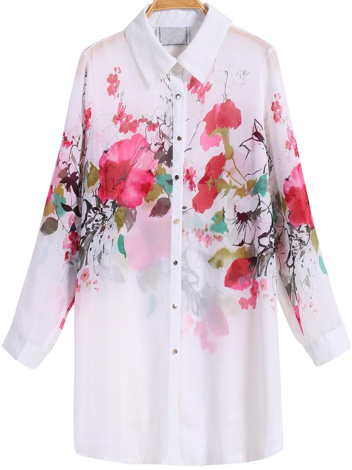 Romwe Plum Blossom Print White Blouse