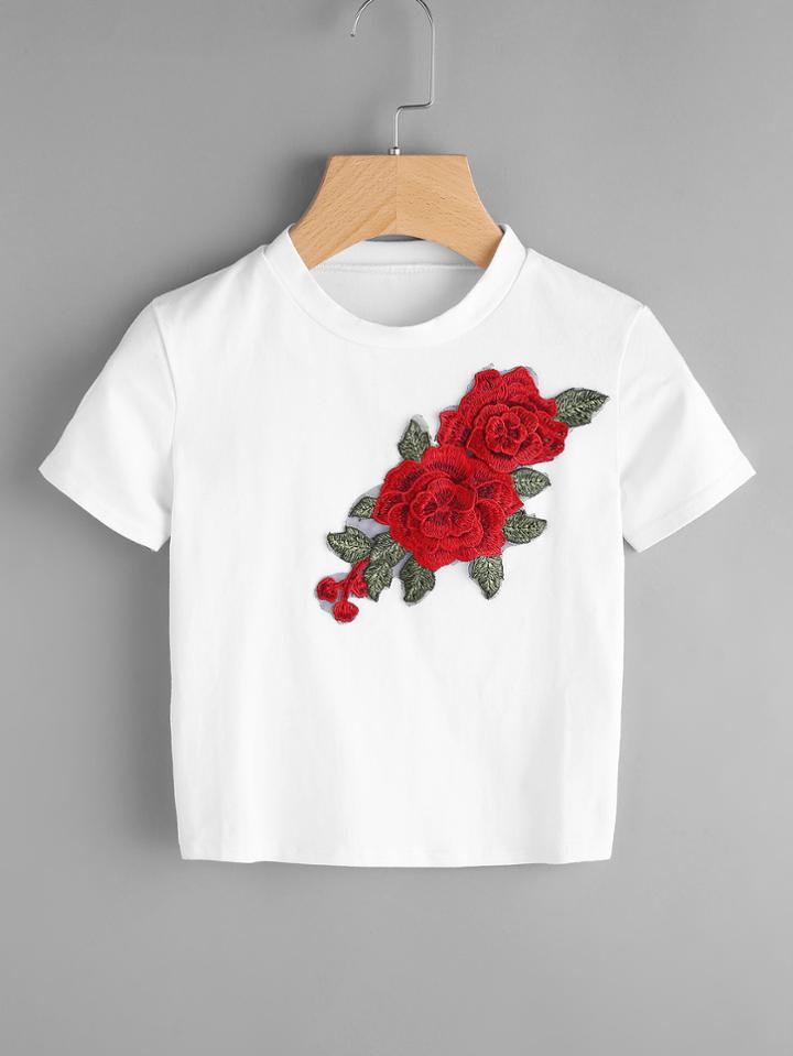 Romwe Rose Applique Crop Tee
