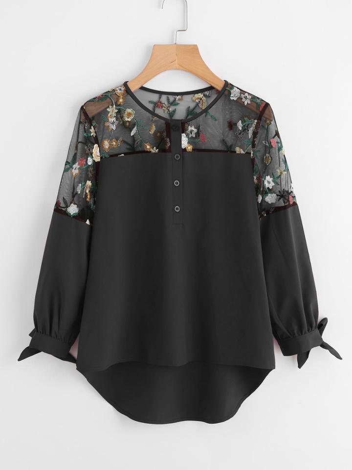 Romwe Embroidered Mesh Panel Dip Hem Tie Cuff Blouse