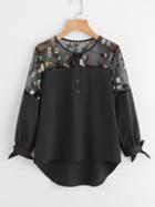 Romwe Embroidered Mesh Panel Dip Hem Tie Cuff Blouse