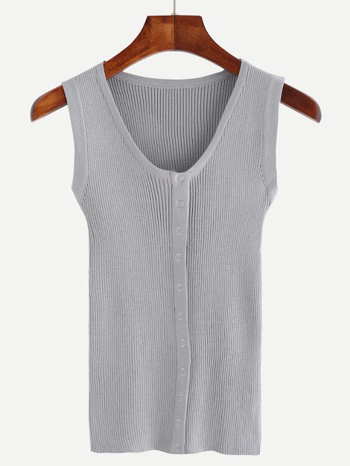 Romwe Grey Button Front Ribbed Knit Top