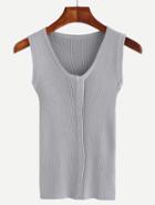 Romwe Grey Button Front Ribbed Knit Top