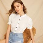 Romwe Eyelet Embroidery Button Front Blouse