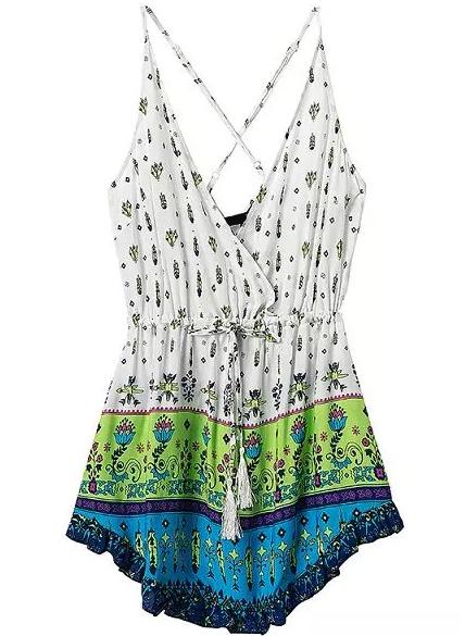 Romwe Spaghetti Strap Drawstring Florals Dress