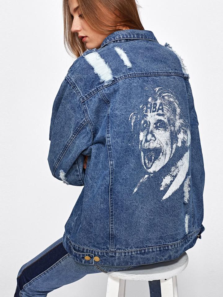 Romwe Mid Wash Rips Detail Boyfriend Denim Jacket
