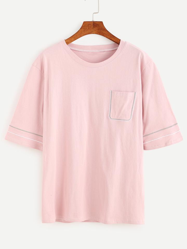 Romwe Pink Round Neck Pocket T-shirt