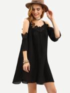 Romwe Black Cold Shoulder Crochet Pleated Dress