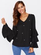 Romwe Pearl Detail Layered Frill Sleeve Top