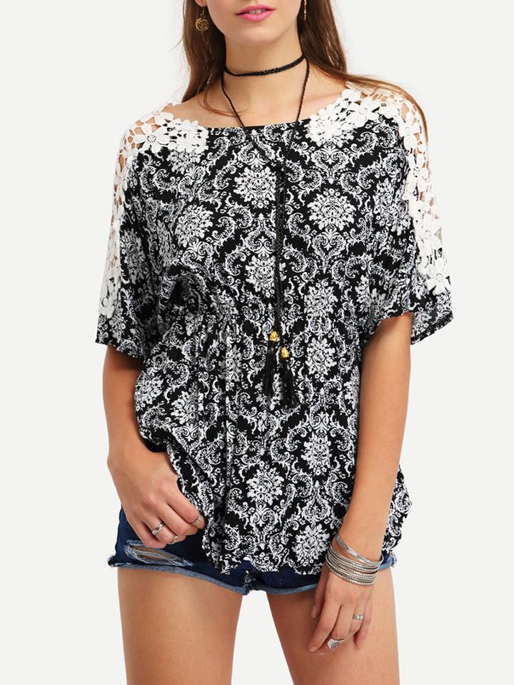 Romwe Lace Insert Sleeve Tribal Print Blouse