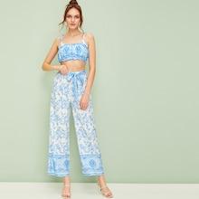 Romwe Aztec Print Shirred Cami Top With Wide Leg Pants