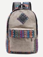 Romwe Khaki Striped Embroidered Tape Detail Canvas Backpack
