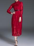 Romwe Burgundy Sheer Embroidered Belted Dress