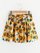 Romwe Sunflower Print Self Tie Waist A Line Skirt