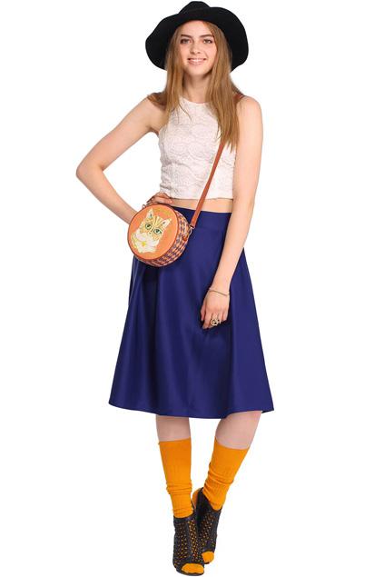 Romwe Pleated Zippered Dark-blue Midi Umbrella Skirt