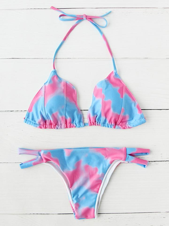 Romwe Tie Dye Side Cutout Halter Bikini Set