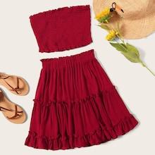 Romwe Plus Frill Shirred Tube Top & Layered Ruffle Hem Skirt Set