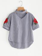 Romwe V Cut Rose Applique Pinstripe Dip Hem Blouse