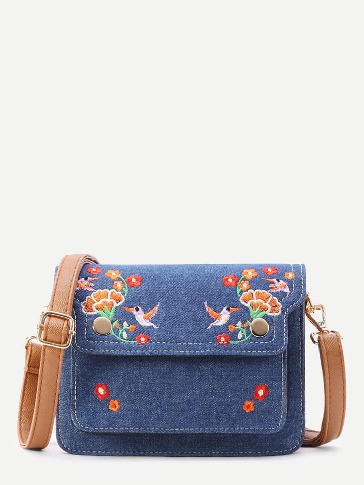 Romwe Flower And Bird Embroidery Denim Shoulder Bag