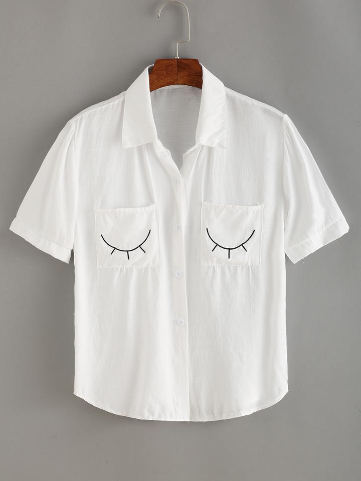 Romwe White Eyelash Embroidered Short Sleeve Blouse