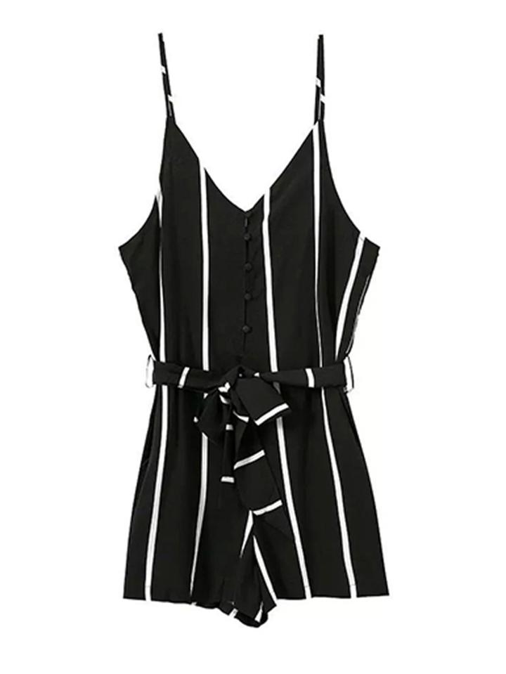 Romwe Vertical Striped Belt Romper With Buttons