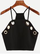 Romwe Black Metal Eyelet Trim Textured Racerback Cami Top