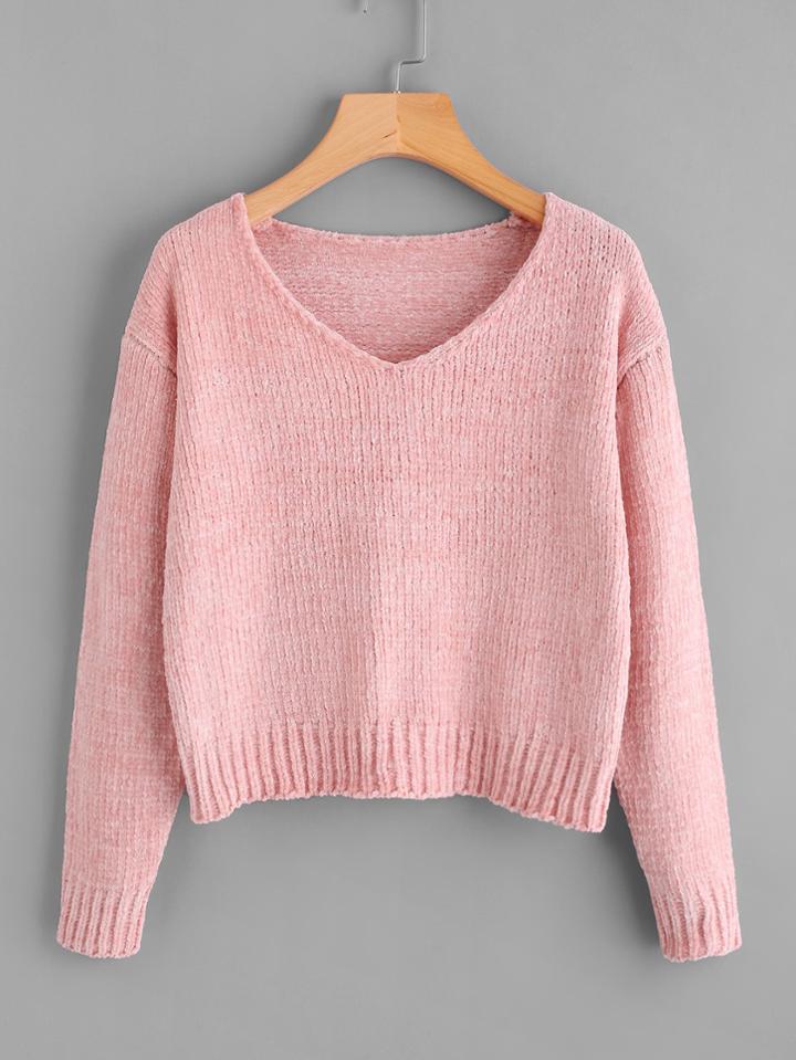 Romwe V Neckline Drop Shoulder Textured Knit Jumper