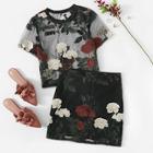 Romwe Floral Embroidered Sheer Mesh Top With Skirt