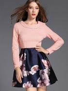 Romwe Pink Round Neck Long Sleeve Beading Print Jacquard Dress