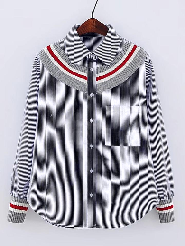 Romwe Contrast Ribbed Detail Pinstripe Blouse