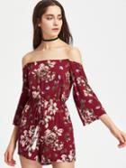 Romwe Bardot Calico Print Tassel Tie Romper