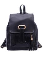 Romwe Faux Leather Tassel Embellished Flap Backpack - Black
