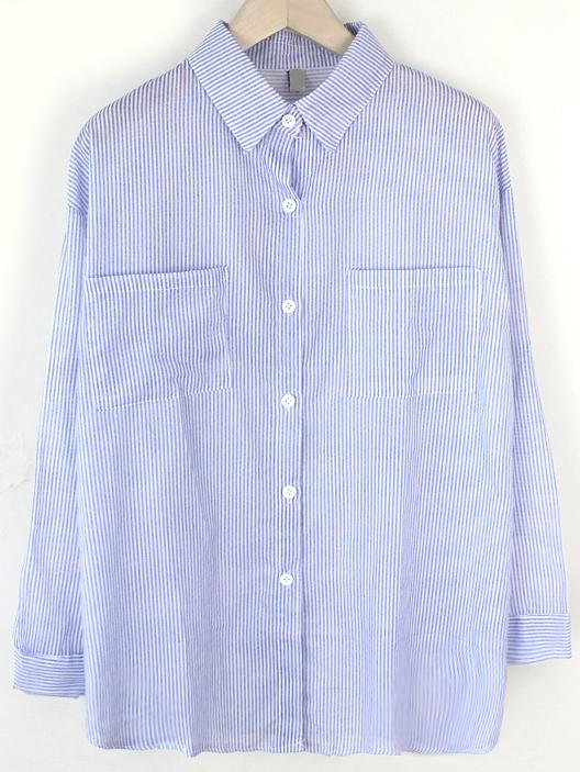 Romwe Blue Vertical Striped Blouse With Pockets