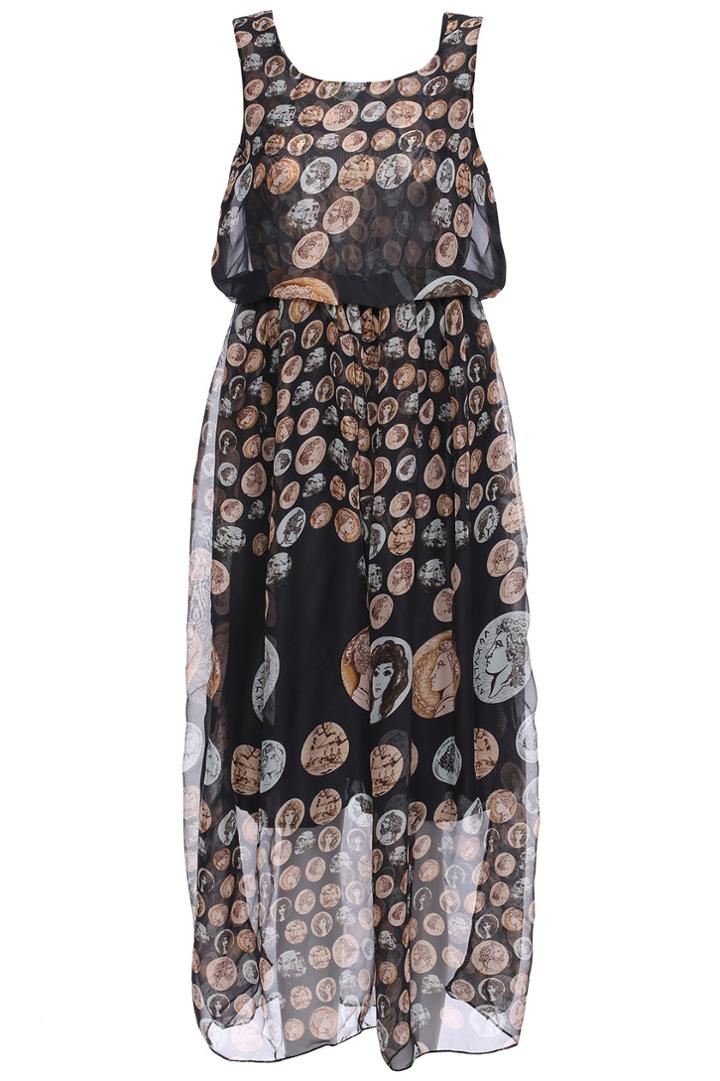 Romwe Romwe Character Coins Print Sleeveless Black Dress