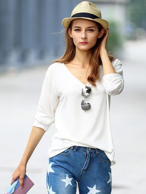 Romwe White V Neck Vintage Loose T-shirt