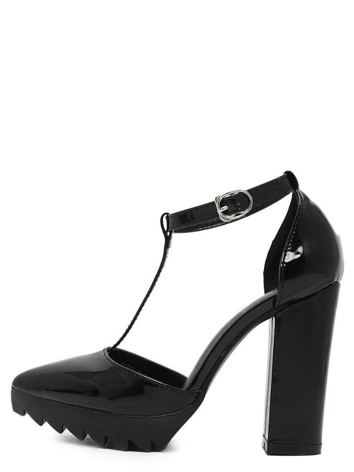 Romwe Black Pointed Toe T-strap Chunky Pumps