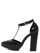 Romwe Black Pointed Toe T-strap Chunky Pumps