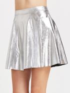 Romwe Metallic Silver Faux Leather Flare Skirt