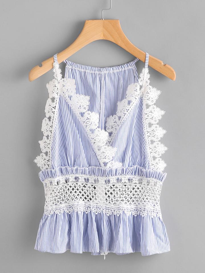 Romwe Contrast Lace Frill Trim Vertical Striped Cami Top