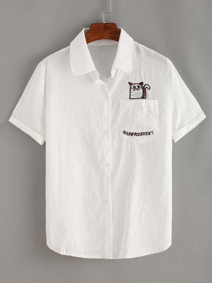 Romwe Embroidered Cat Pocket Blouse