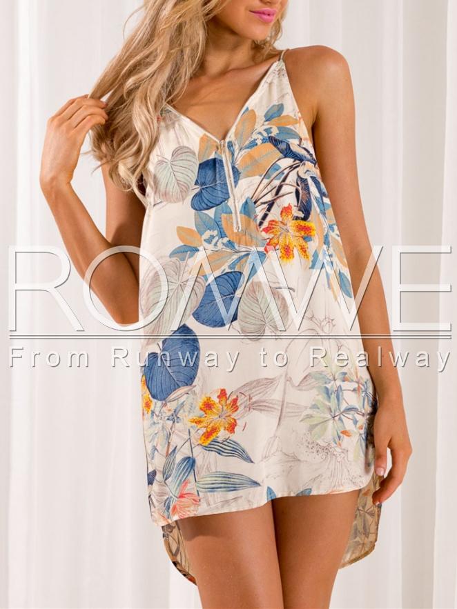 Romwe Apricot Spaghetti Strap Floral Print High Low Dress