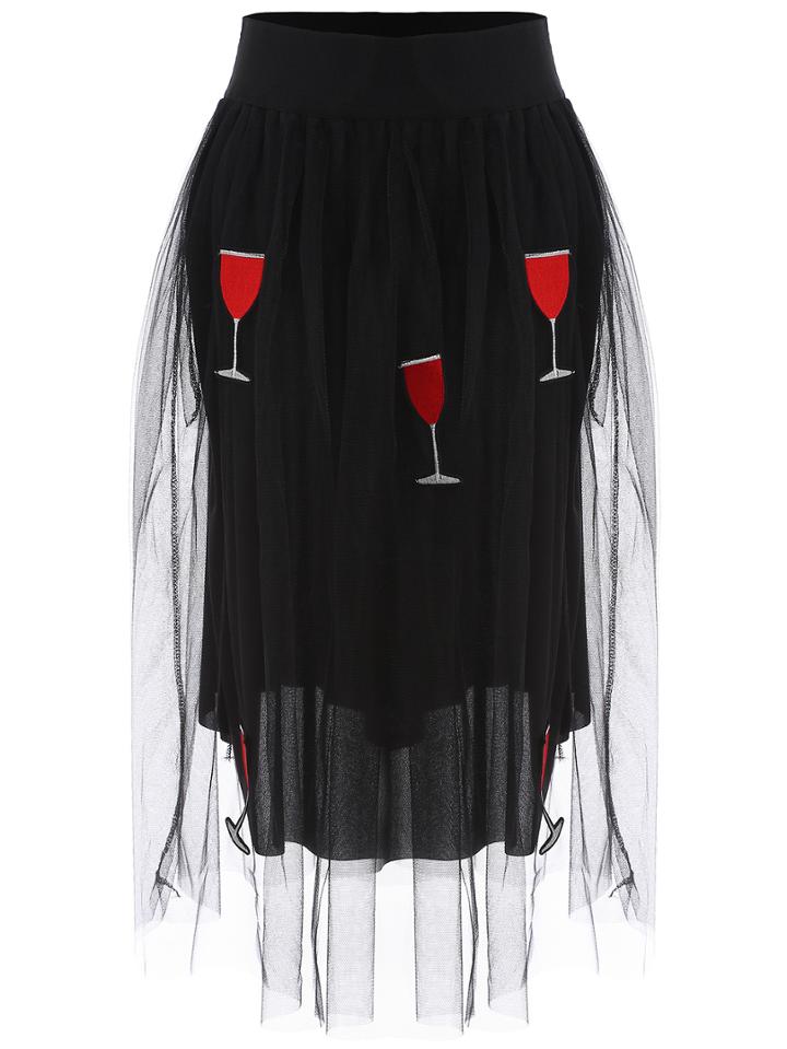 Romwe Goblets Embroidered Mesh Skirt