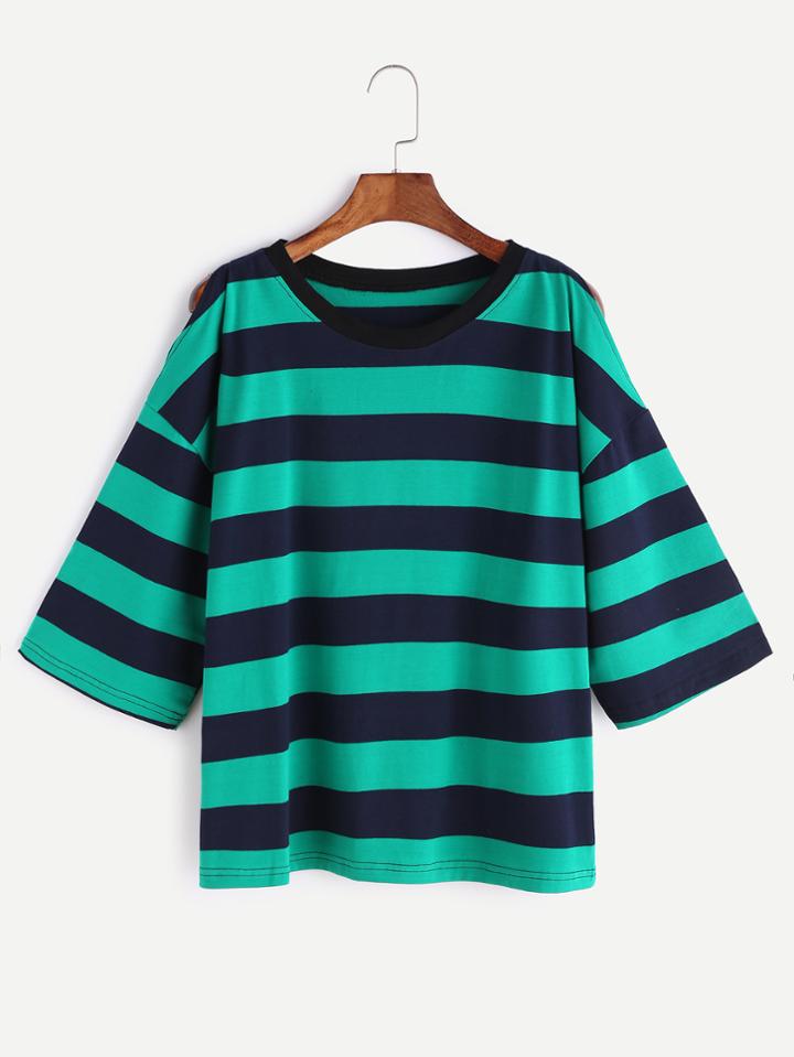 Romwe Green Stripped Cold Shoulder T-shirt