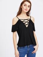 Romwe Cold Shoulder Lace Up Frill Trim Tee