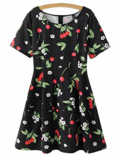 Romwe Black Zipper Back Cherry Print Skater Dress